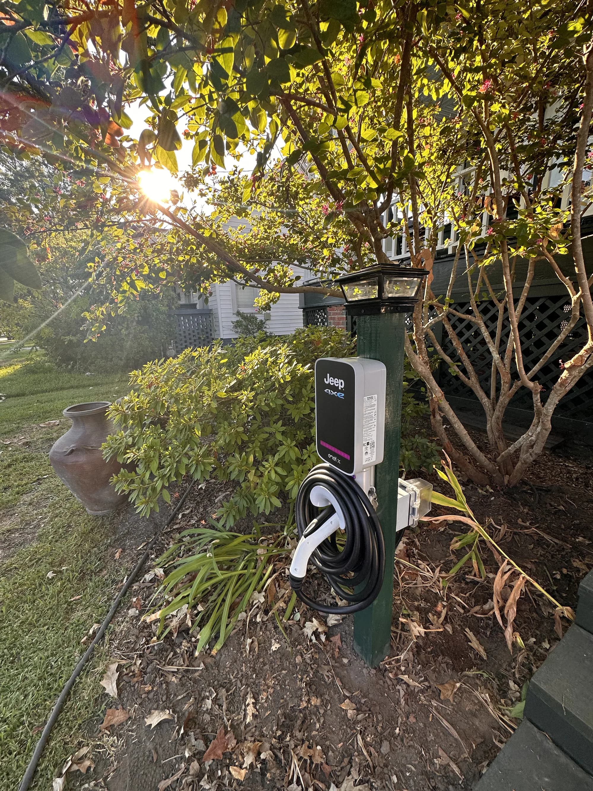Pedestal-mounted Level 2 EV charger installed on a residential property — Babcock Electric